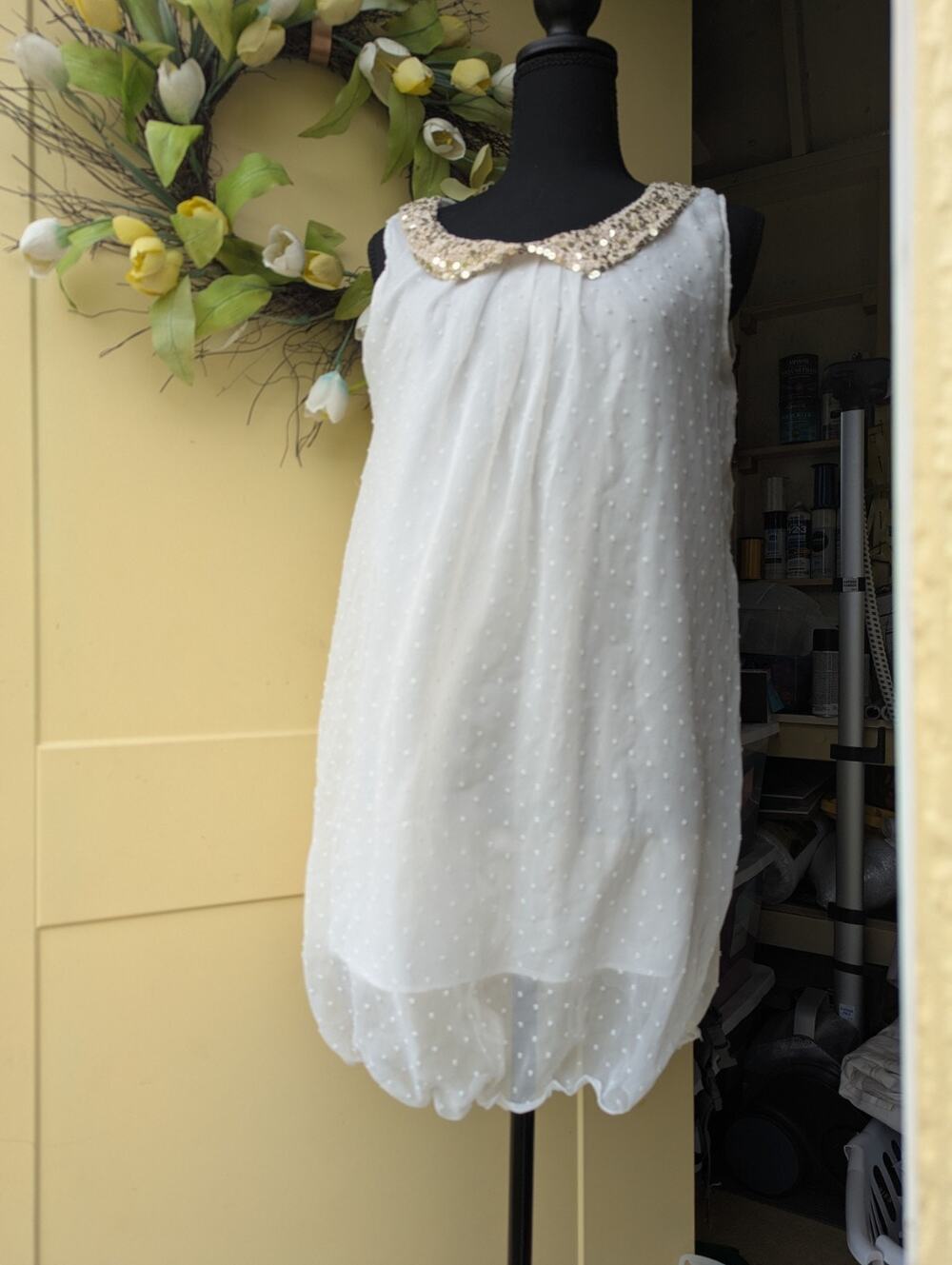 Mini Bubble Dress,Sheer Dotted Overlay,Gold sequence, Peter Pan Collar , Size 1,